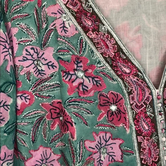 Bella tu XXL Pink and Green Tiered V-Neck Dress Resort Style with Bishop Sleeves - Picture 10 of 12